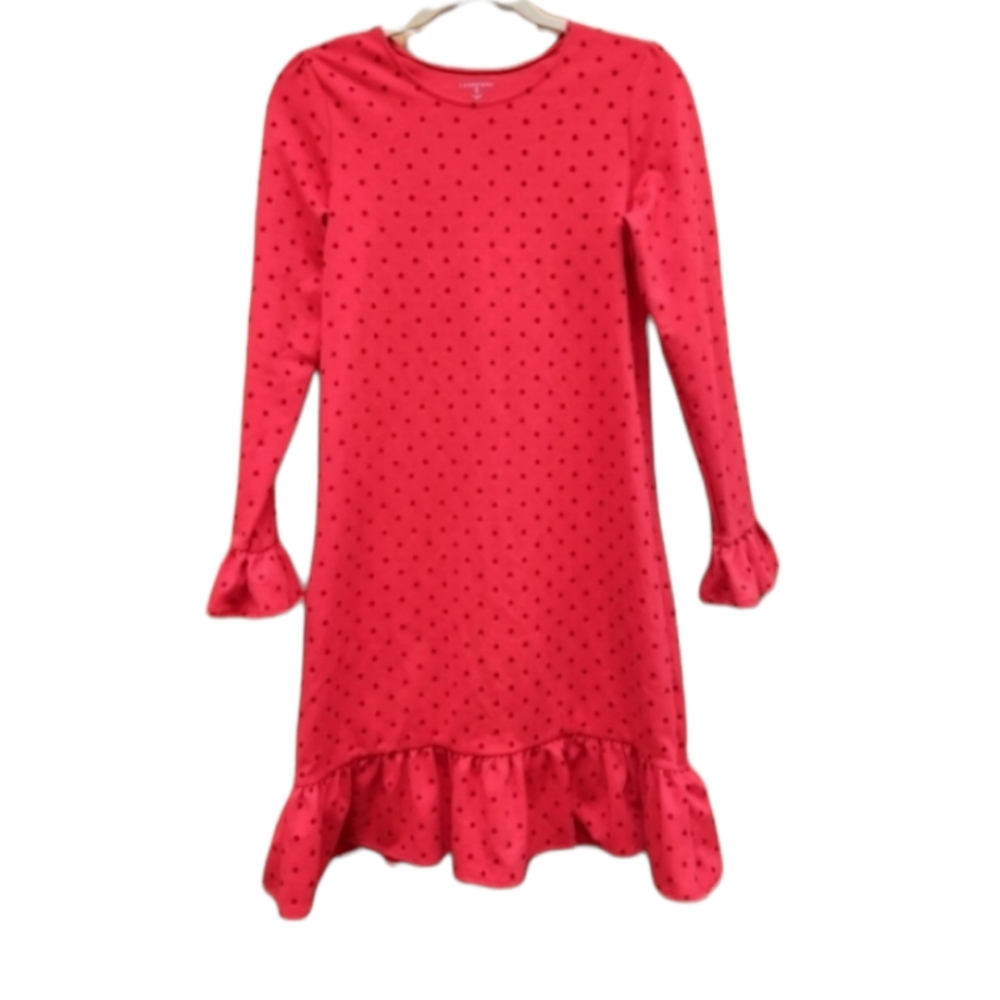3/$25 Land's End red polka dot long sleeve drop waist shift dress 16